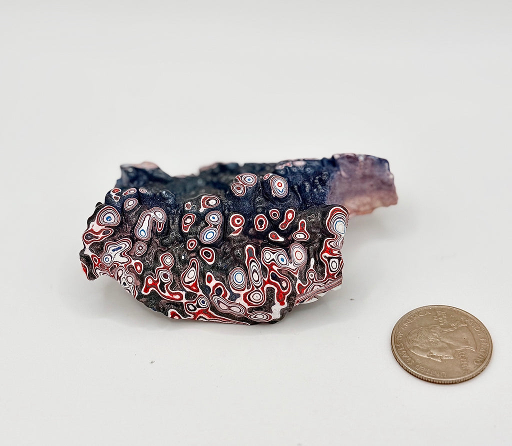 Edge view of vintage Kenworth Fordite showing dense red white and blue paint strata